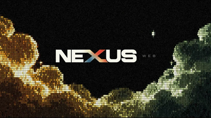 Assinatura Nexus Web em textura de pixels âmbar e verde