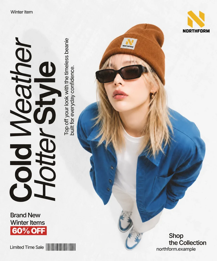 Capa da campanha NorthForme com modelo e tipografia vertical
